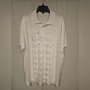 Saint Lorenzo Mens XXL White Knit Dress Polo Shirt Textured Argyle Pattern EUC